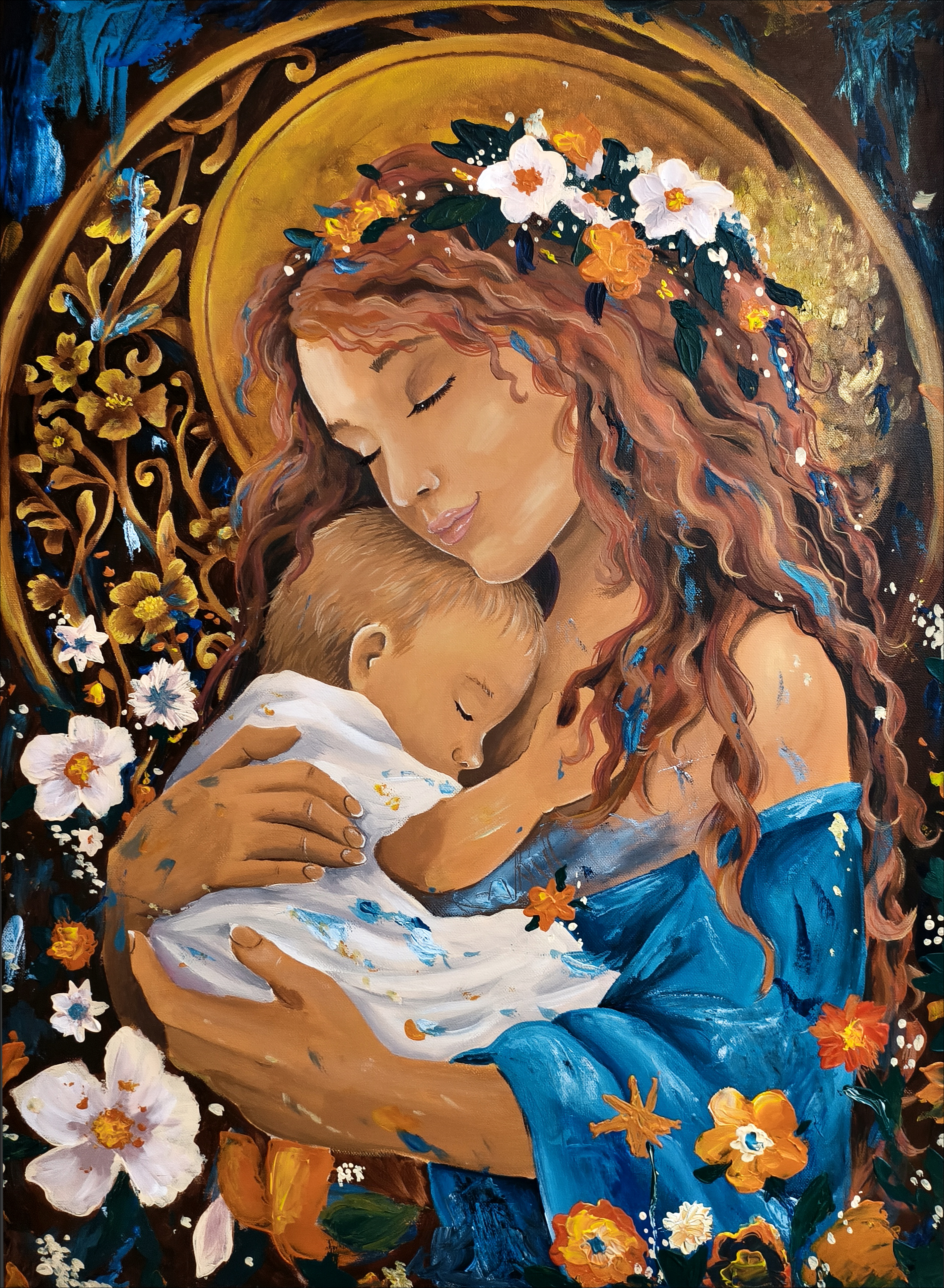 Peinture d'une mère tenant un enfant dans un décor floral